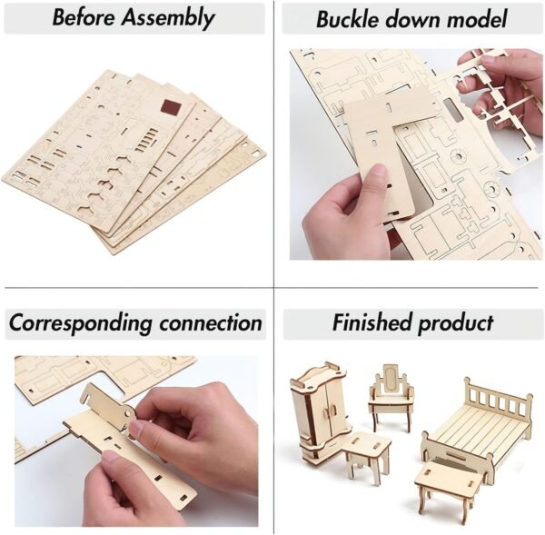 LOVEINUSA DIY Wooden Dollhouse Furniture Set, 3D Puzzle Miniature Room Accessories, Natural Wood - Image 4