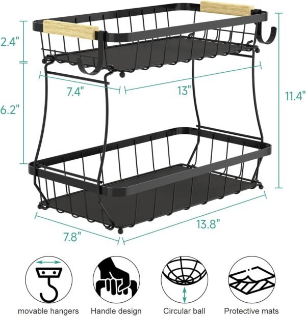 2 Tier Fruit Basket for Kitchen with 2 Banana Hangers, Detachable Metal Fruit Bowl for Kitchen Counter for Fruit and Vegetable Storage, Large Capacity Rectangular Storage Stand Bowls - Image 6