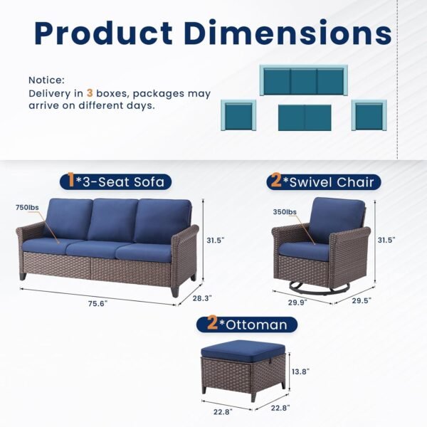 Outdoor Patio Furniture Set, 5 Pieces Patio Conversation Sets, All-Weather Wicker Outdoor Furniture, Swivel Patio Chairs for Porch Deck Backyard Garden (Blue, 5 PCS Swivel Glider & Sofa) - Image 9