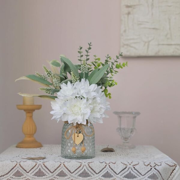 Faux Flowers with Vase,Artificial Silk Flowers in Vase, Fake Plant Eucalyptus and Willow,Flower Arrangement for Home Farmhouse kitchen Dining Table Centerpiece Decorations Coffee Table Decor (White) - Image 2