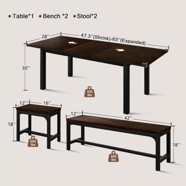 5 Pieces Dining Room Table Set for 4-6, 63' Extendable Kitchen Table Set with 2 Benches & 2 Stools, Small Dining Table Set with Metal Frame & MDF Board, Espresso - Image 3