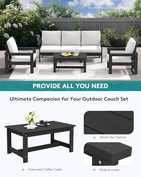 SERWALL HDPE Patio Conversation Set, 6-Piece Sectional Outdoor Furniture, All Weather Couch Set for Deck, Lawn, Black Frame with Khaki Cushion - Image 5