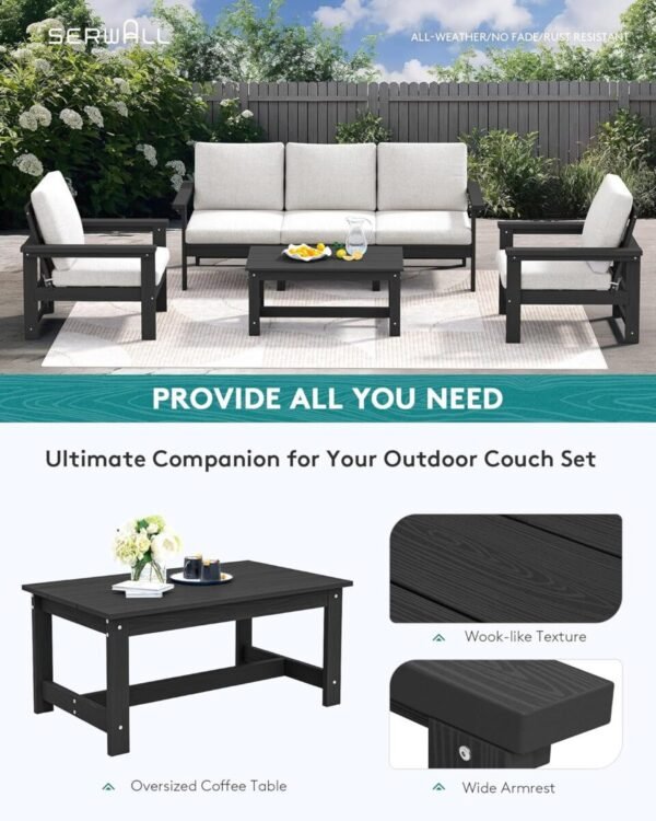 SERWALL HDPE Patio Conversation Set, 6-Piece Sectional Outdoor Furniture, All Weather Couch Set for Deck, Lawn, Black Frame with Khaki Cushion - Image 5