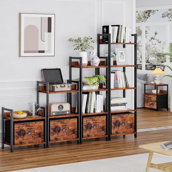 Furologee 5 Tier Bookshelf with Drawer, Tall Narrow Bookcase with Shelves, Wood and Metal Bookshelves Storage Organizer, Industrial Display Standing Shelf Unit for Bedroom, Living Room, Rustic Brown - Image 6