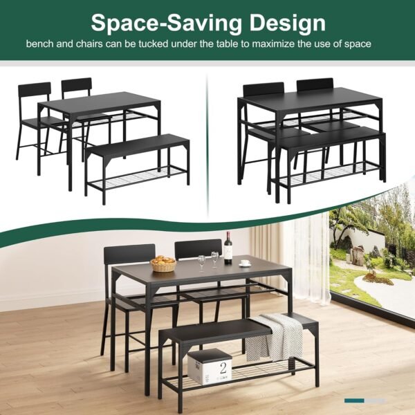 Shintenchi Kitchen Table Chairs Set of 4, Dining Table Set for 4 with Bench and Chairs, 4 Pieces Kitchen Table Set with Storage Rack & Metal Frame for Small Space, Black - Image 5