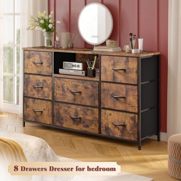 Dresser for Bedroom with Power Outlets, 55" TV Stand Dresser with 8 Drawers, Fabric Dressers & Chest of Drawers for Living Room, Entryway, Rustic Brown - Image 4