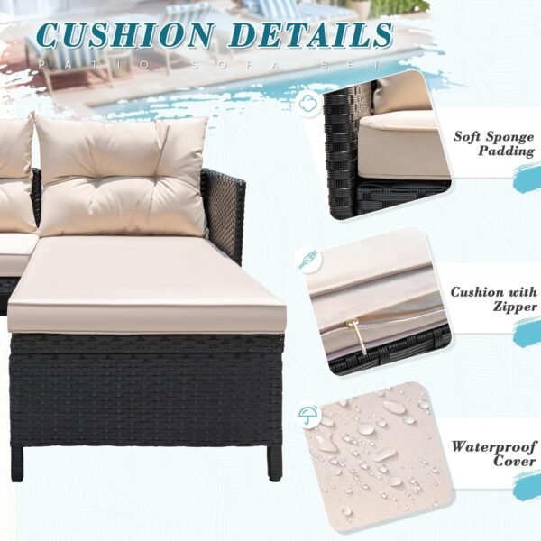 Greesum 3 Piece Patio Furniture Set Outdoor Wicker Rattan Sectional Sofa with Cushions & Coffee Table for Yard, Garden, Porch, Poolside, Light Beige - Image 6