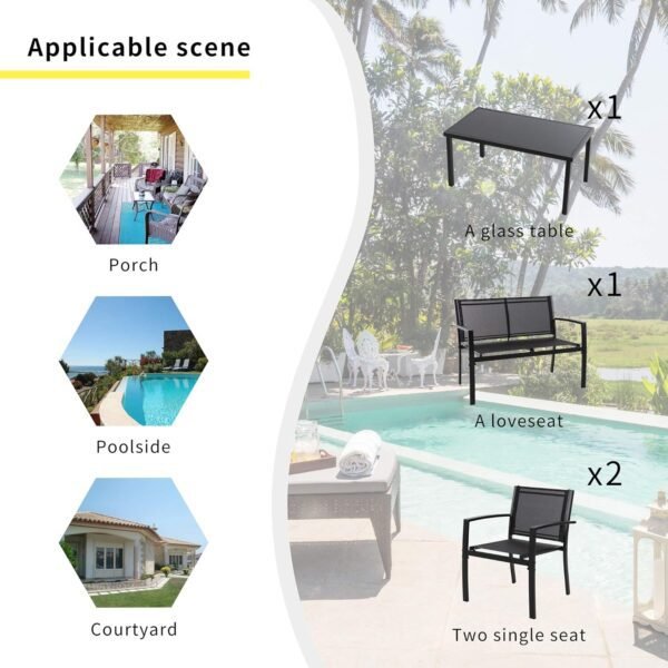 Shintenchi 4 Pieces Patio Furniture Set All Weather Textile Fabric Outdoor Conversation Set, with Glass Coffee Table, Loveseat, 2 Single Chairs for Home, Garden, Lawn, Porch（Black） - Image 6
