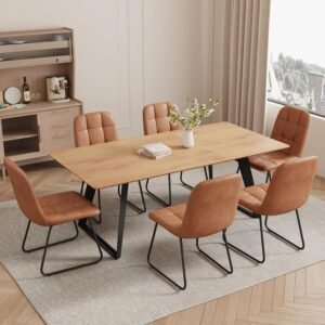 ZckyCine 63"-79" Expandable Dining Table Set for 6, Wood Table & 6 Brown Chairs, Extendable Kitchen Dining Table Set for Kitchen & Dining Room, Modern Oak & Brown
