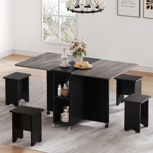 DWVO 5 Pieces Folding Extendable Dining Table Set with 4 Chairs for 4 Peoples 55 Inches Drop Leaf Wood Kitchen Dining Room Table Set with Storage and 6 Wheels for Small Space Saving, Grey Oak - Image 7