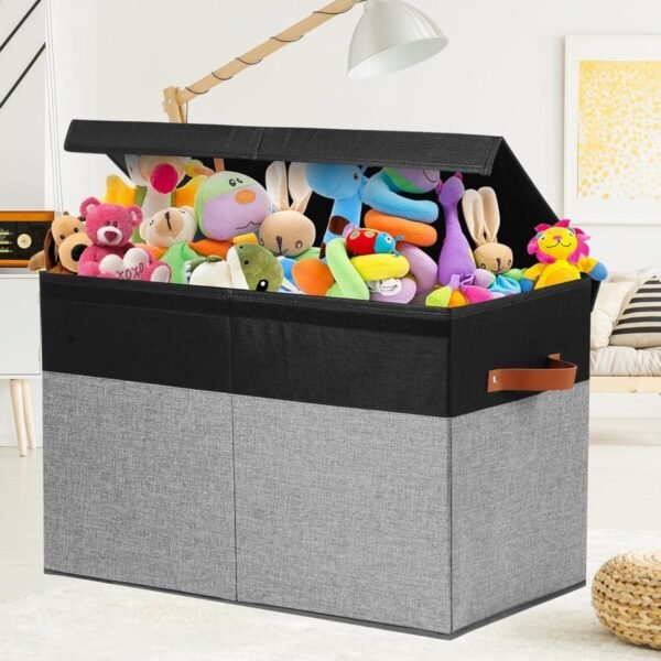 Large Toy Storage Box with Lid, Sturdy Toys Storage Chest Bin Organizer Basket with Dividers for Kids, Boys, Girls, Nursery, Closet, Bedroom, Playroom 25"x13" x16" (Black and Grey) - Image 5
