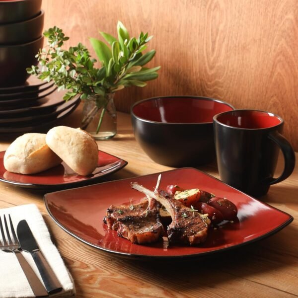 Gibson Soho Lounge Square Reactive Glaze Dinnerware Set, Red, Service for 4 (16pcs) - Image 2