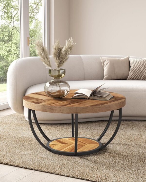 LITTLE TREE Round Coffee Table, 32" Circle Coffee Table for Living Room, 2-Tier Wood Accent Center Table with Open Storage Industrial Design Home Furniture (Wood Grain and Black) - Image 4