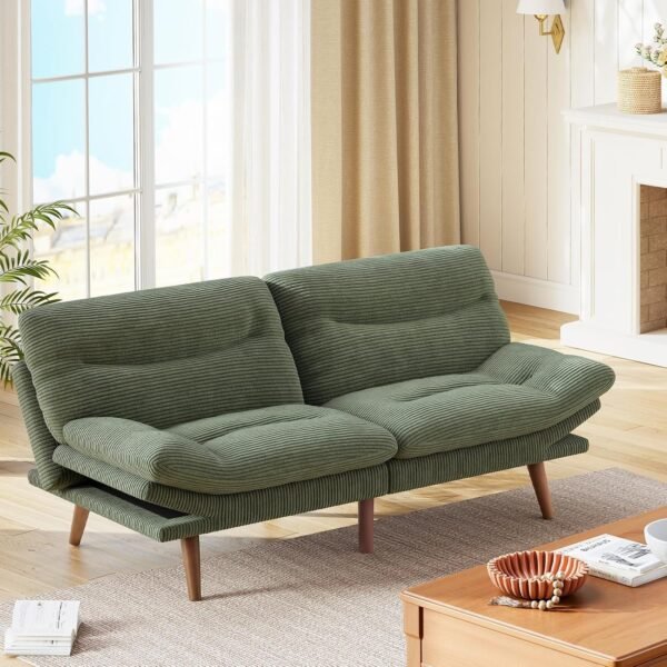 Marsail Futon Sofa Bed, Corduroy Futon Couch with Adjustable Backrest & Armrests, Convertible Small Sleeper Sofa Bed for Small Apartments, Study Room, Office, Green - Image 3