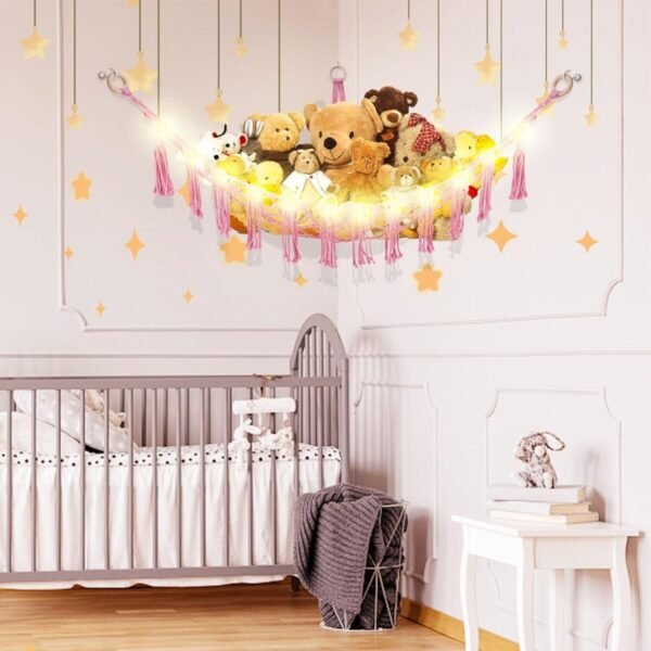 Stuffed Animal Hammock with LED Light, Toy Hammock for Stuffed Animals Storage for Kids Room Decor, Stuffed Animal Hammock Corner, Pink - Image 2