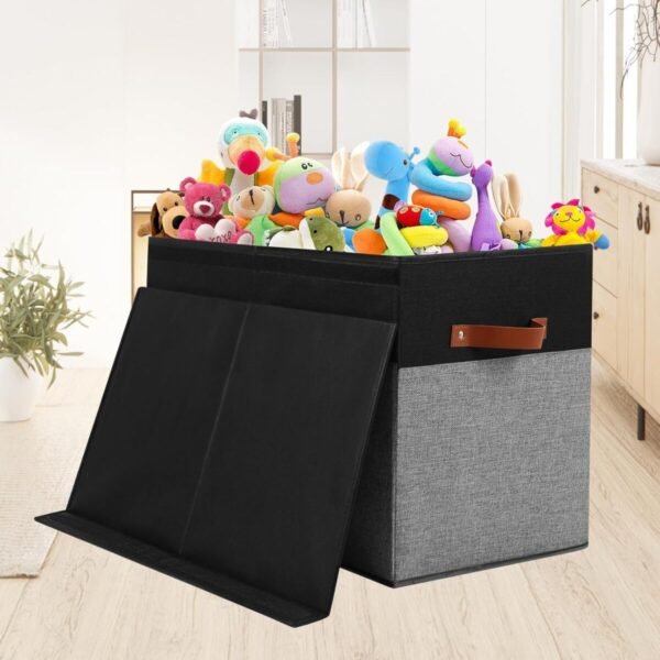 Large Toy Storage Box with Lid, Sturdy Toys Storage Chest Bin Organizer Basket with Dividers for Kids, Boys, Girls, Nursery, Closet, Bedroom, Playroom 25"x13" x16" (Black and Grey) - Image 2