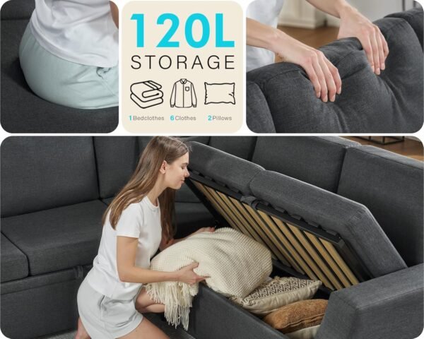 VanAcc Sofa Bed, 85 Inch Sleeper Couch with Storage Seat, L Shaped Sofa with Pull Out Sofa Bed, Sectional Couches for Living Room Apartment, Grey Linen Couch Sofa - Image 4