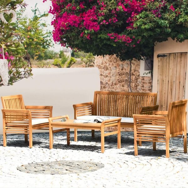 Tangkula 4 Piece Outdoor Acacia Wood Sofa Set with Water Resistant Cushions, Padded Patio Conversation Table Chair Set w/Coffee Table for Garden, Backyard, Poolside (1) - Image 3