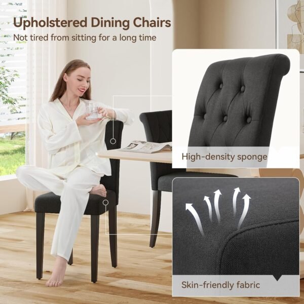 Upholstered Dining Chairs Set of 4, Button Tufted Parsons Dining Chair with Solid Wood Legs, Modern Fabric Side Chair for Dining Room/Kitchen/Restaurant/Hotel- Black - Image 3