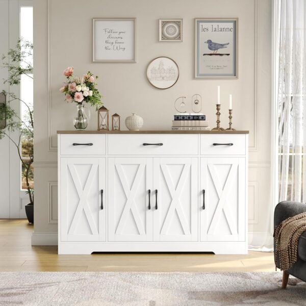 HOSTACK Buffet Cabinet with Drawers, 55" Large Sideboard Buffet Storage Cabinet with Shelves and Doors, Modern Farmhouse Coffee Bar Cabinet Wood Buffet Table for Kitchen, Dining Room, White/Rustic - Image 4