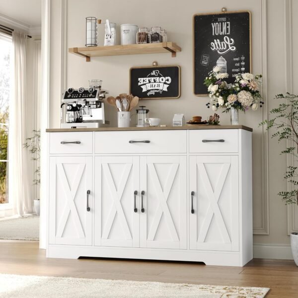 HOSTACK Buffet Cabinet with Drawers, 55" Large Sideboard Buffet Storage Cabinet with Shelves and Doors, Modern Farmhouse Coffee Bar Cabinet Wood Buffet Table for Kitchen, Dining Room, White/Rustic - Image 9