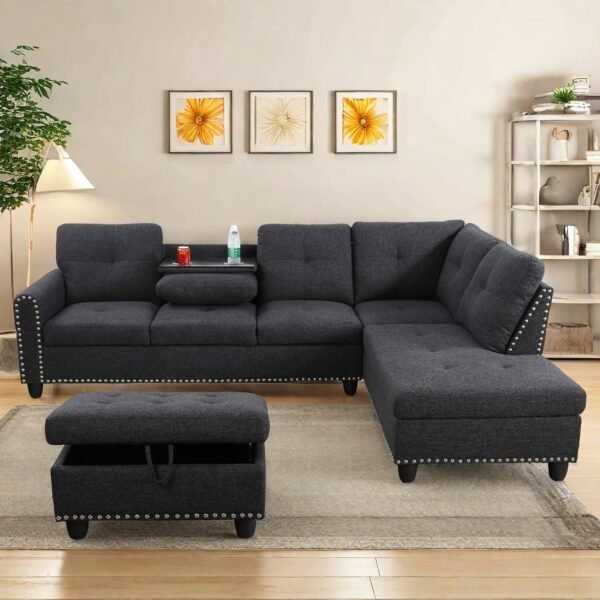 L Shaped Sectional Couches, Modular Sectional Sofa with Ottoman Storage, Nail-Head Design Lounge Sofa with Reversible Cup Holder for Living Room, Bedroom, Gray - Image 6