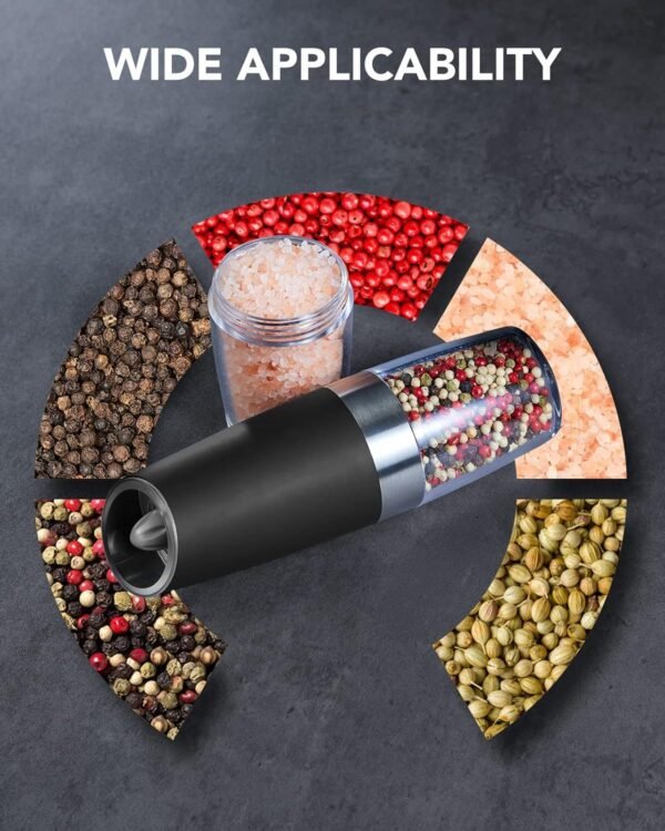 FORLIM Gravity Electric Salt and Pepper Grinder Set, Automatic Pepper Mill Grinder, Battery Powered Adjustable Coarseness with LED Light, One Hand Operation Premium Kitchen Gadget for Spices (Black) - Image 2