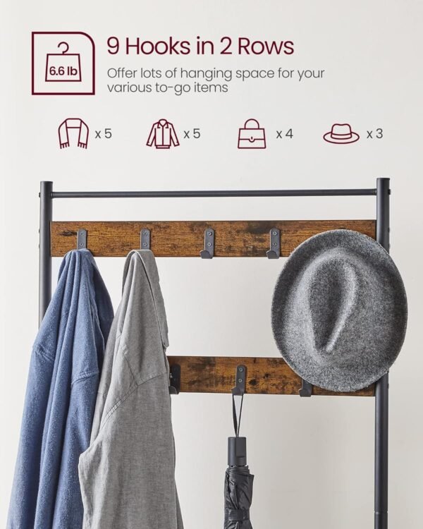 VASAGLE Coat Rack, Hall Tree with Shoe Storage Bench, Entryway Bench with Shoe Storage, 3-in-1, Steel Frame, for Entryway, 12.6 x 27.6 x 68.9 Inches, Industrial, Rustic Brown and Black UHSR41BX - Image 5