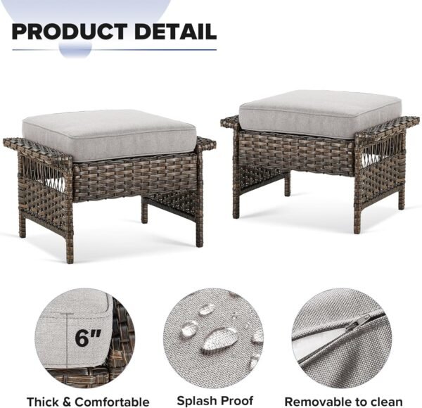 Outdoor Wicker Patio Furniture Set - 5 Piece Rattan Patio Conversation Sets with 2 Armrest Chairs,2 Ottomans and 1 Side Table for Porch Deck Garden(Brown/Beige) - Image 7