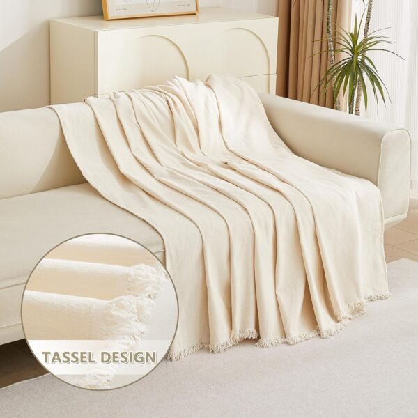 MYSKY HOME Boho Couch Cover Beige Sofa Covers with White Tassel Farmhouse Sofa Slipcover Simple Couch Protector for Dogs Chenille Sectional Couch Covers L Shaped Couch Cushion Covers, 91"x 134" - Image 3