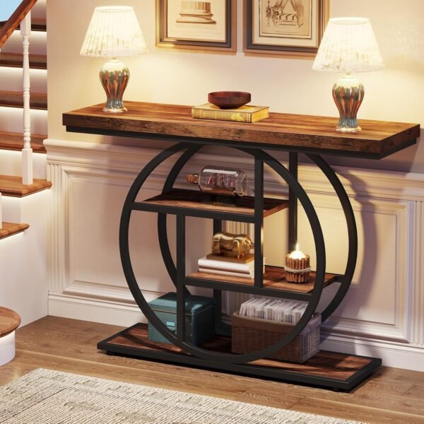Tribesigns 41.3" Console Table, Industrial 4-Tier Sofa Table Entryway Table with Circle Base, Narrow Wood Accent Tables with Storage Shelves for Living Room, Hallway, Foyer, Rustic Brown - Image 5