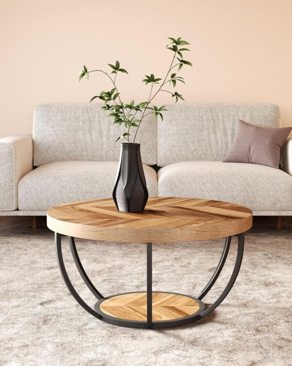 LITTLE TREE Round Coffee Table, 32" Circle Coffee Table for Living Room, 2-Tier Wood Accent Center Table with Open Storage Industrial Design Home Furniture (Wood Grain and Black) - Image 8