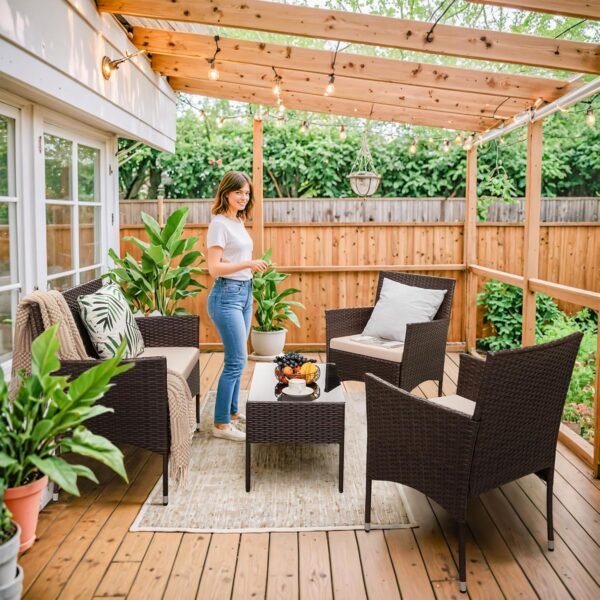 Homall 4 Pieces Outdoor Patio Furniture Sets Rattan Chair Wicker Set, Outdoor Indoor Use Backyard Porch Garden Poolside Balcony Furniture Sets Clearance (Brown and Beige) - Image 4