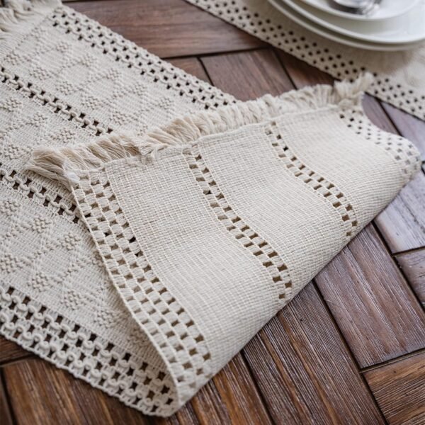 Alynsehom Macrame Table Runner Cream Beige Boho Table Runners with Tassels Hand Woven Cotton Table Runner Rustic Farmhouse Table Runners for Bohemian Kitchen Dining Table(12x71in) - Image 4