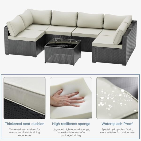 Skyfish 7 Pieces Patio Furniture Set - Outdoor Sectional Wicker Rattan Furniture with Cushion and Glass Table Patio Conversation Sets for Porch Poolside Backyard Outdoor Sofa Set Modular Sofa - Image 2
