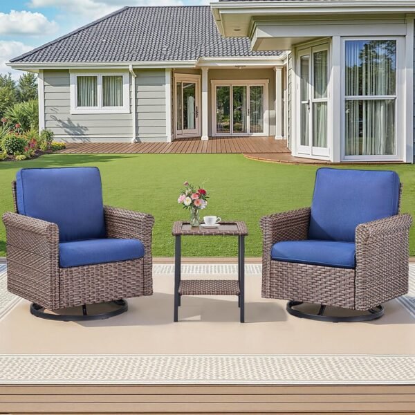 Patio Wicker Chairs Swivel Rocker, 2025 New Outdoor Swivel Rocking Chairs Set with Side Table, 3 PCS Patio Furniture Sets for Patio Deck Porch Pool (Blue, 3 PCS Side Table)