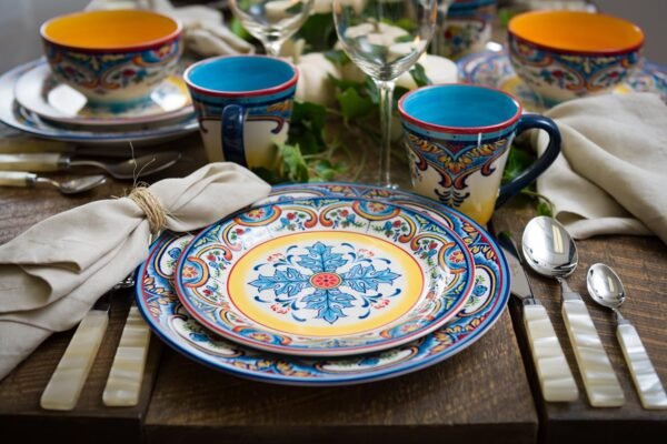 Euro Ceramica Zanzibar Collection 16 Piece Dinnerware Set Kitchen and Dining, Service for 4, Spanish Floral Design, Multicolor, Blue and Yellow - Image 9