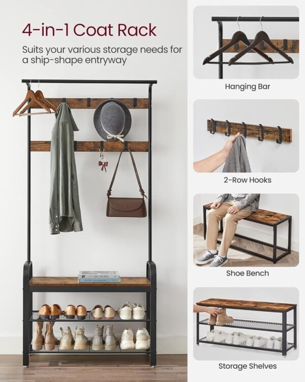 VASAGLE Coat Rack, Hall Tree with Shoe Bench for Entryway, Entryway Bench with Coat Rack, 4-in-1, with 9 Removable Hooks, a Hanging Rod, 13.3 x 33.1 x 72.1 Inches, Rustic Brown and Black UHSR400B01 - Image 3