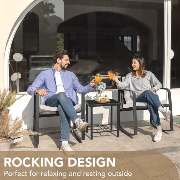 Devoko 3 Piece Rocking Bistro Set Wicker Patio Outdoor Furniture Porch Chairs Conversation Sets with Glass Coffee Table (Beige) - Image 2