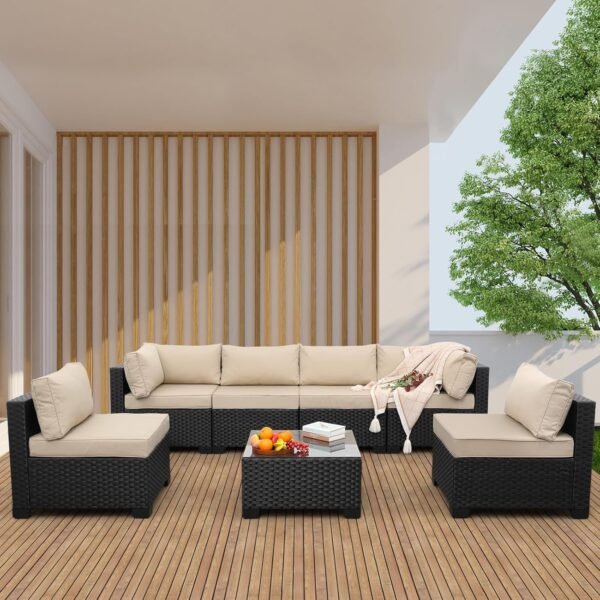 Valita 7 Piece Outdoor PE Wicker Furniture Set, Patio Black Rattan Sectional Sofa Couch with Washable Khaki Cushions… - Image 2