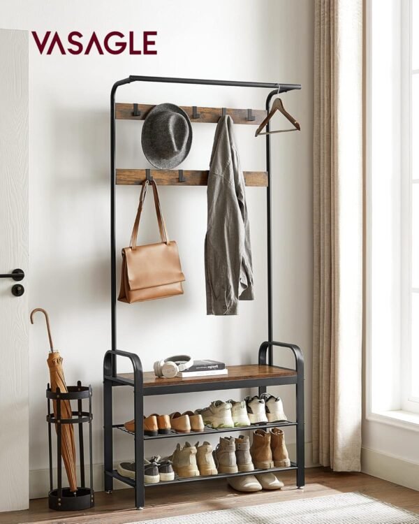 VASAGLE Coat Rack, Hall Tree with Shoe Bench for Entryway, Entryway Bench with Coat Rack, 4-in-1, with 9 Removable Hooks, a Hanging Rod, 13.3 x 33.1 x 72.1 Inches, Rustic Brown and Black UHSR400B01 - Image 2
