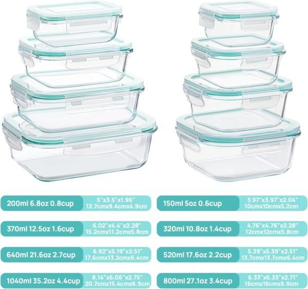 Vtopmart 8 Pack Glass Food Storage Containers with Airtight Lids, Glass Meal Prep Containers, Bento Boxes for Lunch, for Microwave, Oven, Freezer and Dishwasher, BPA Free - Image 2