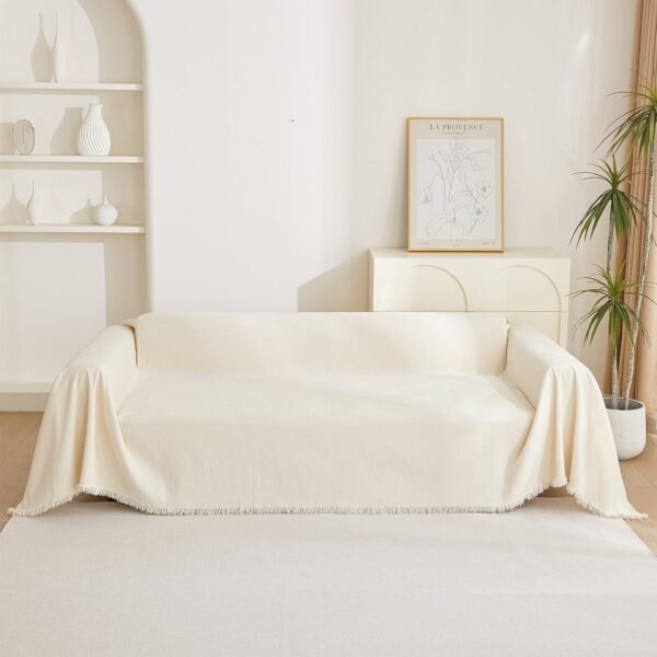 MYSKY HOME Boho Couch Cover Beige Sofa Covers with White Tassel Farmhouse Sofa Slipcover Simple Couch Protector for Dogs Chenille Sectional Couch Covers L Shaped Couch Cushion Covers, 91"x 134" - Image 7