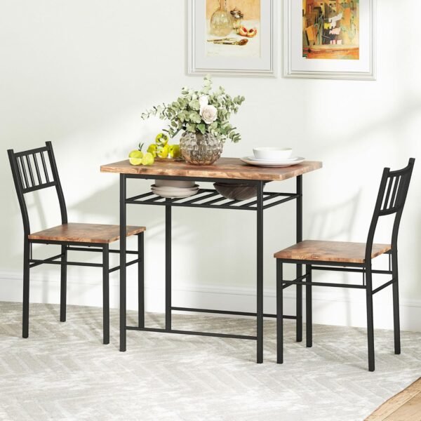 HOMCOM 3-Piece Dining Table Set for 2, Small Kitchen Table and Chairs with Built-in Storage Rack and Steel Frame, for Breakfast Nook and Small Space, Rustic Brown - Image 8