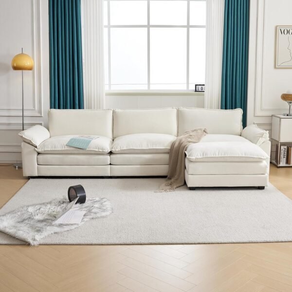 Karl home Sectional Sofa Modular Deep Seat Sofa Couch with Ottoman, Chenille Sofa Sleeper Comfy Upholstered Furniture for Living Room, Apartment, Studio, Office, (3-Seat & 1-Ottoman, Beige) - Image 4