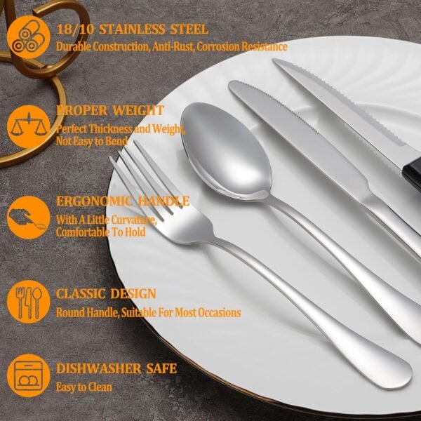 24 Pcs Silverware Set with Steak Knives Service for 4,Stainless Steel Flatware Set,Mirror Polished Cutlery Utensil Set,Home Kitchen Eating Tableware Set,Include Fork Knife Spoon Set,Dishwasher Safe - Image 3