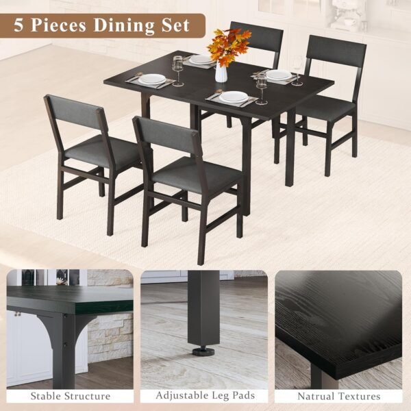 Dining Table Set for 4, Extendable Kitchen Table Cushion Chairs Set of 4, Rectangle Dining Table with Metal Frame & MDF Board, Folding for Small Apartment Saving Space, Black - Image 7