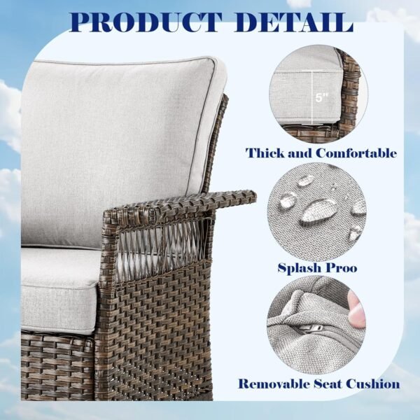 Outdoor Wicker Patio Furniture Set - 5 Piece Rattan Patio Conversation Sets with 2 Armrest Chairs,2 Ottomans and 1 Side Table for Porch Deck Garden(Brown/Beige) - Image 4