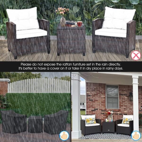 Tangkula 3 Pieces Patio Furniture Set, PE Rattan Wicker 3 Pcs Outdoor Sofa Set w/Washable Cushion and Tempered Glass Tabletop, Conversation Furniture for Garden Poolside Balcony (White) - Image 6