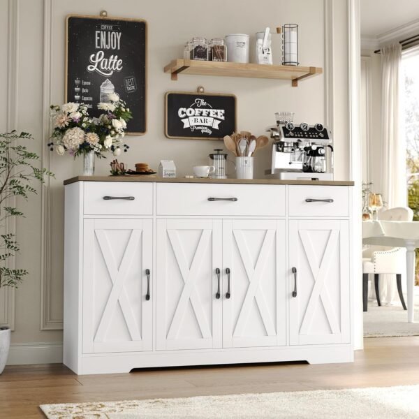 HOSTACK Buffet Cabinet with Drawers, 55" Large Sideboard Buffet Storage Cabinet with Shelves and Doors, Modern Farmhouse Coffee Bar Cabinet Wood Buffet Table for Kitchen, Dining Room, White/Rustic - Image 2
